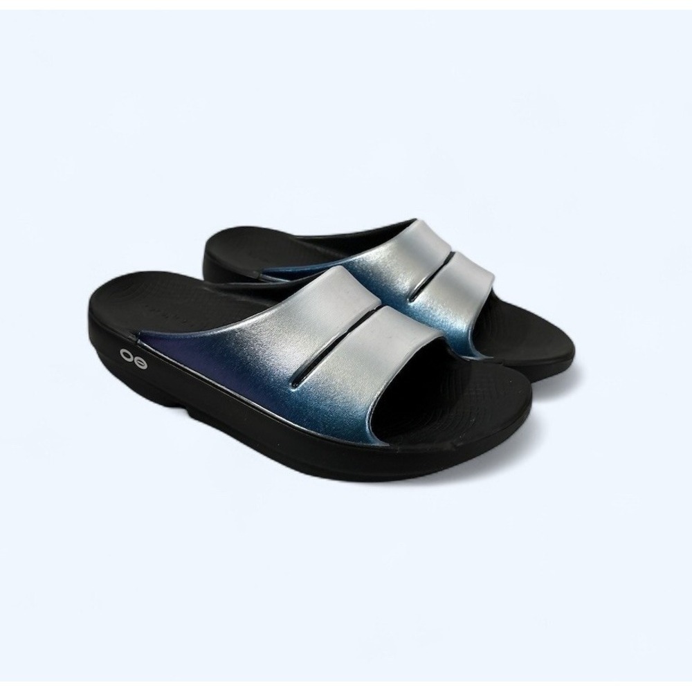 Oofos Ooahh Luxe Slide Womens 7 Men's 5Luxe Slip On Blue Metallic Recovery